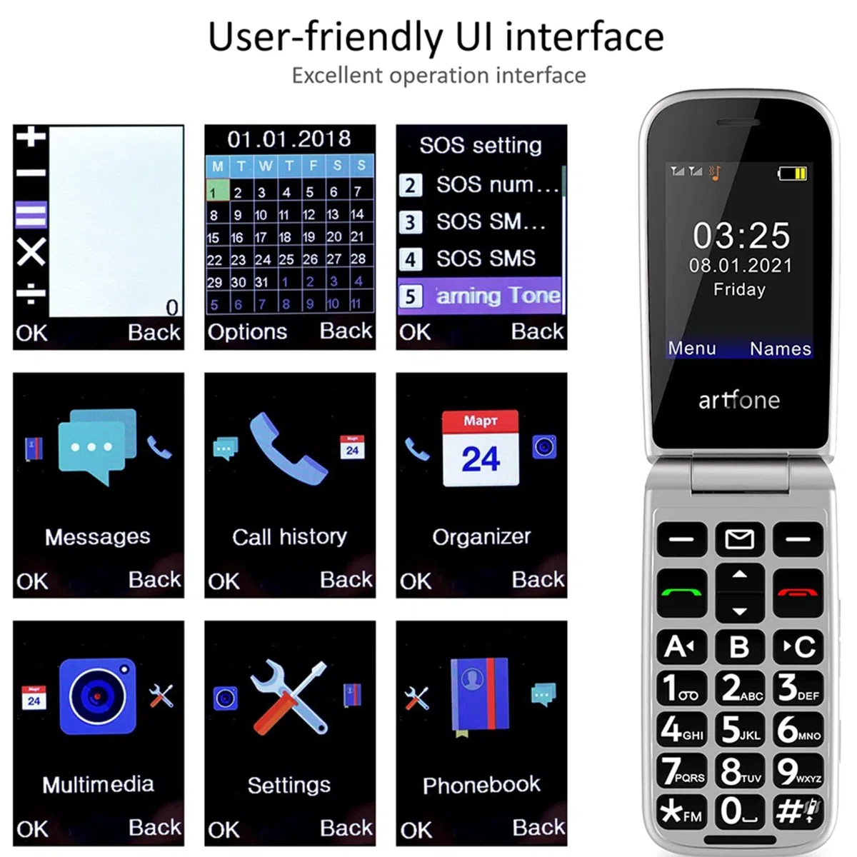 artfone F20 2G Dual-SIM entsperrtes Basis-Handy für Senioren丨SOS-Taste丨Kurzwahl丨Big Button Senior Flip Phone丨USB-C丨Ladestation丨FM-Radio丨Taschenlampe丨Kurzwahl丨1300 mAh Akku - Schwarz