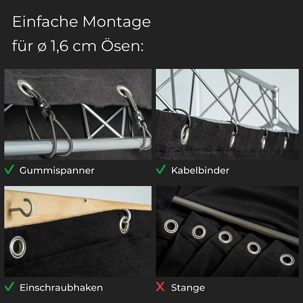 B1 Bühnenmolton konfektioniert – Molton-Vorhang aus Baumwolle, blickdichter Verdunkelungsvorhang mit 16er Ösen, ideal für Film, Foto, Theater und Event – 6 x 5 m, 300g/m2, Schwarz