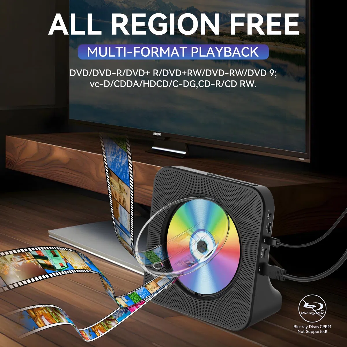 Qoosea DVD Player für TV Desktop DVD/CD Player für Zuhause mit Bluetooth Lautsprechern Display Wecker FM Radio mit CD Player USB Card Playback Inklusive Fernbedienung, HDMI & AV Kabel