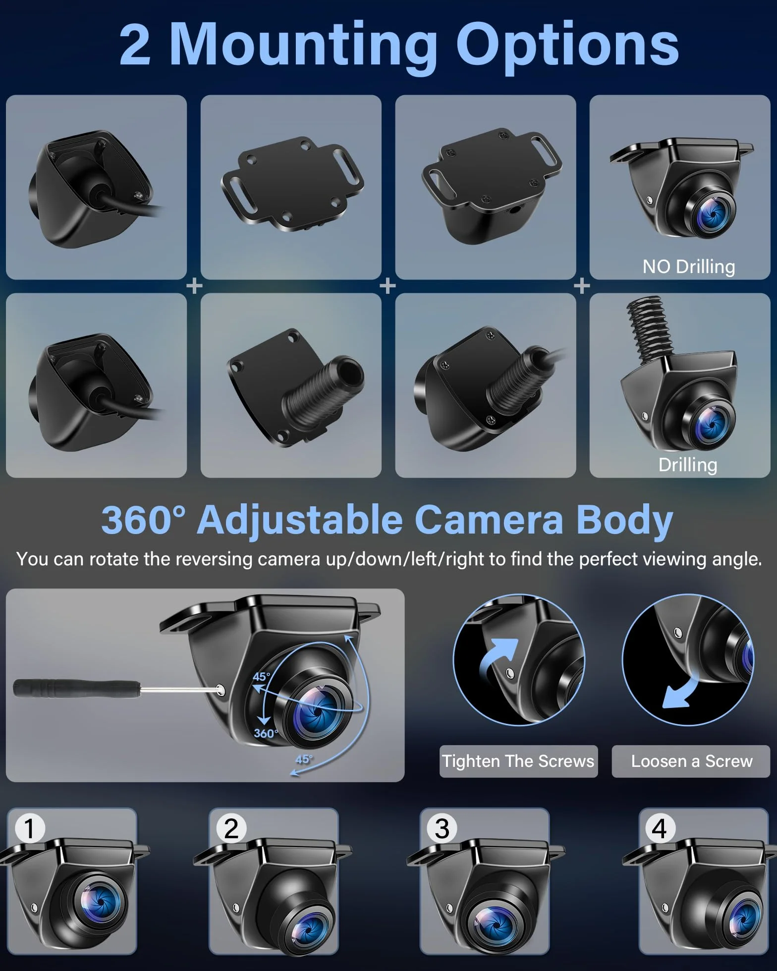 AHD 1080P Rückfahrkamera 360°+90° Drehbar Metallgehäuse Universal Nachtsicht 170° Weitwinkel IP69 Wasserdicht für Van SUV