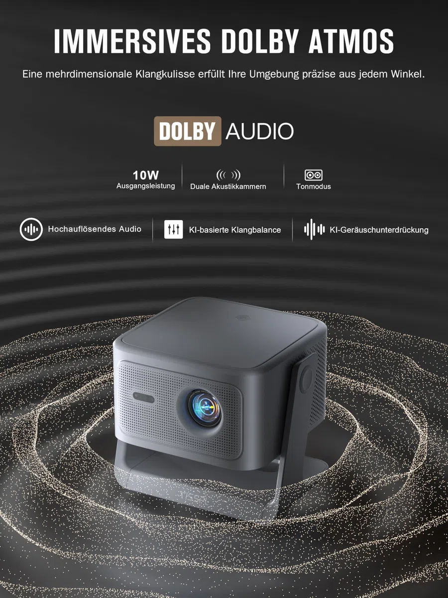 VISSPL Smart Beamer 4K Heimkino Projektor 30000 Lumen 3D Dolby Audio Autofokus WiFi6 Bluetooth 360° Standfuß Grau