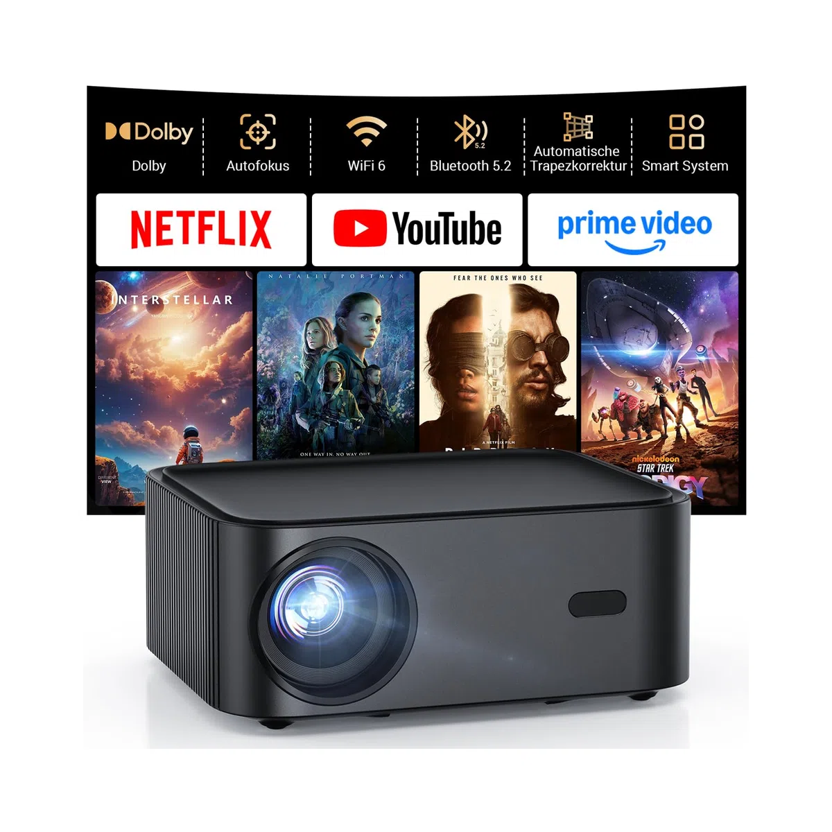 HAPPRUN H11 Beamer 4K kompatibel mit Netflix-App, Autofokus, Dolby Audio, WiFi 6, Bluetooth - Outdoor Projektor