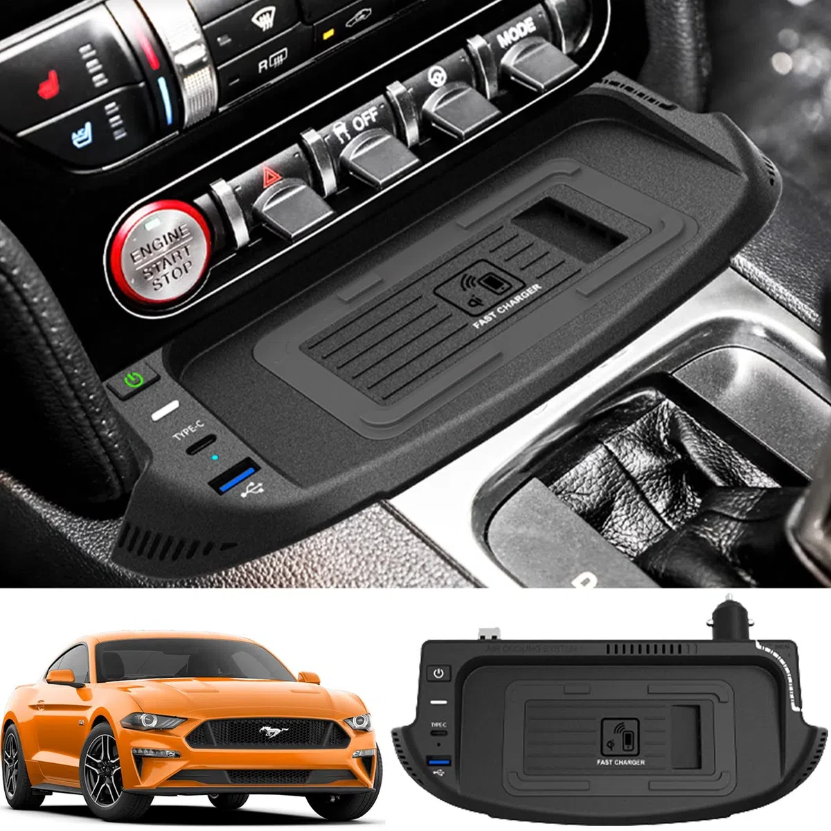 Kabelloses Ladegerät Auto für Ford Mustang 2022 2021 2020 2019 2018 2017 2016 2015, 15W Qi Schnellladendes Handy-Ladegerät mit QC3.0-USB-Anschluss für iPhone 12/13/13 Pro Samsung S22/S21