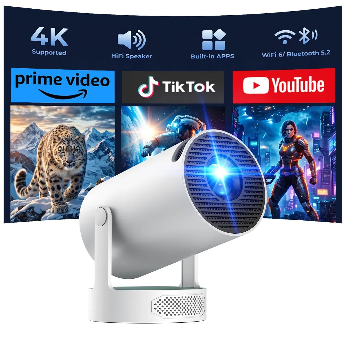 4K Smart Projektor Android 11.0 mit WiFi 6 Bluetooth 5.0, Auto Trapezkorrektur & 220° Drehständer für Heimkino