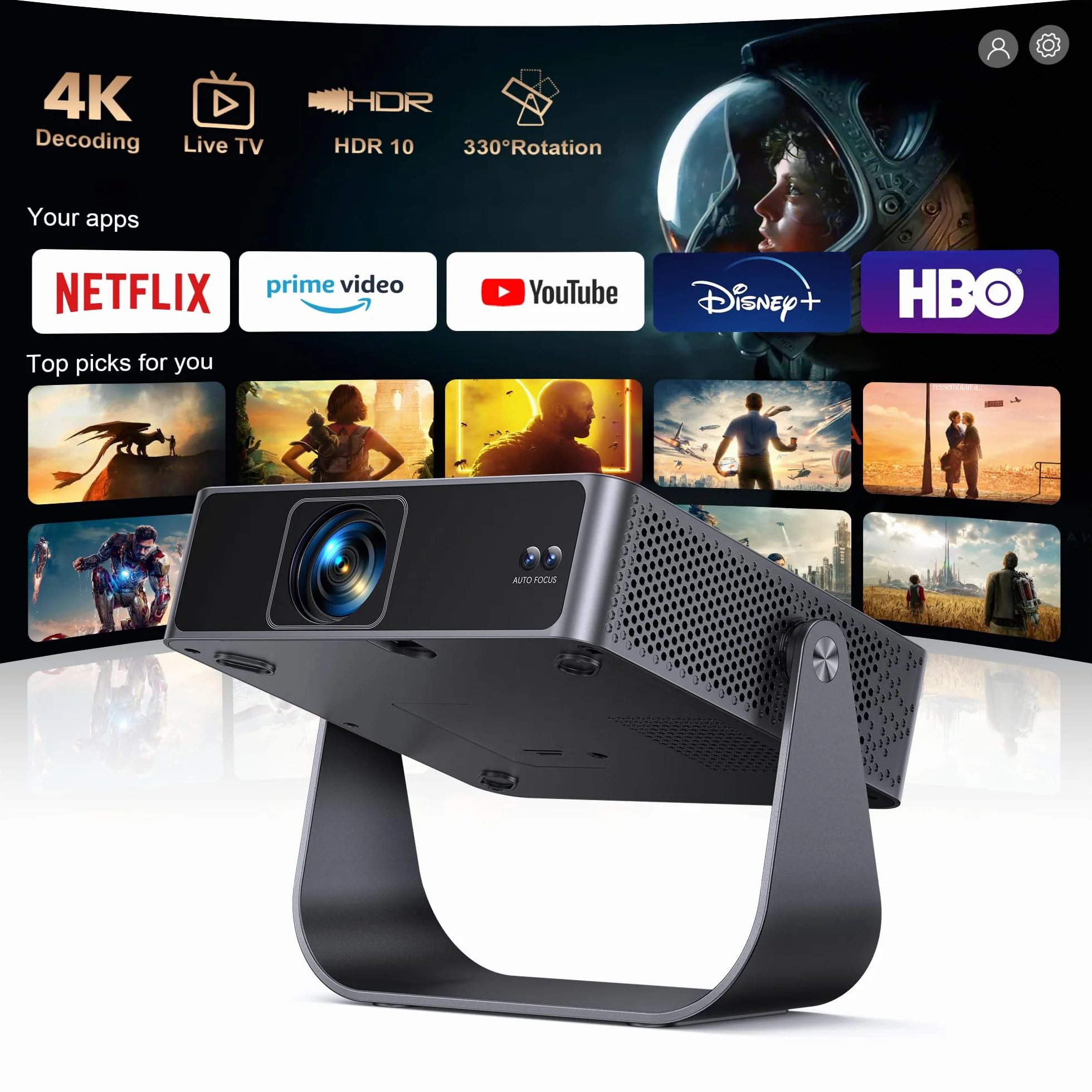 Mini Beamer 4K 1080P Full HD WiFi6 Bluetooth Autofokus 6D Trapezkorrektur 330° Drehbar Kompatibel mit Netflix Live TV Tragbar für Handy HDMI PC