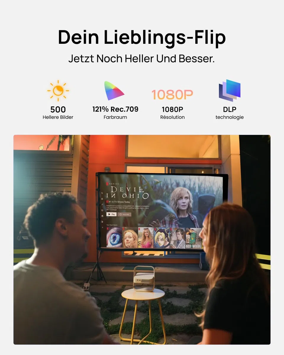 XGIMI Elfin Flip Plus Tragbarer Beamer, 500 ISO Lumen, 1080P, Google TV mit Netflix, Verstellbarer Ständer