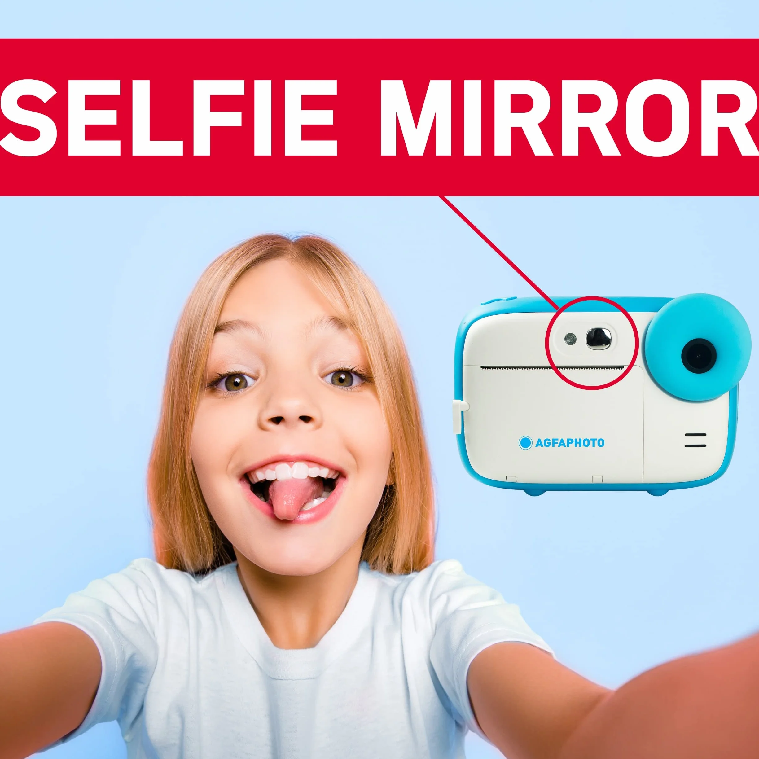 AGFA Photo Realikids Instant Cam – Sofortbildkamera für Kinder, Foto/Video, 2,4-Zoll-LCD-Display, Micro-SD-Port, Lithium-Akku, Selfie-Spiegel und Fotofilter – Blau