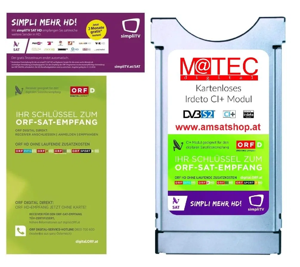 ORF DIGITAL DIREKT Irdeto CI+ Modul für Sat (Kartenlos, Keine Karte notwendig) mit 3 Monate SimpliTV, NUR FÜR ÖSTRREICH GEEIGNET, für CI+ Fernseher & Sat Receiver, bei Regiestrierung 5 Jahre gültig