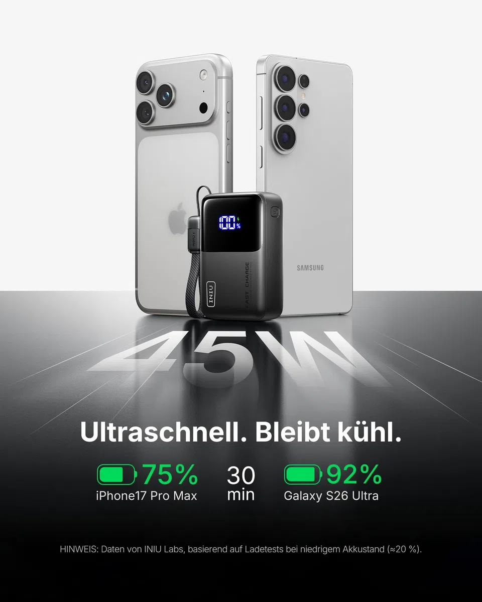 INIU Power Bank, Ultra Mini 45W Schnellladen 10000mAh Powerbank mit Angebrachtem USB C Kabel, Flugtauglich Externe Handyakkus, Reise-Essential für iPhone 17 16 Pro, Samsung S25, Xiaomi, iPad etc