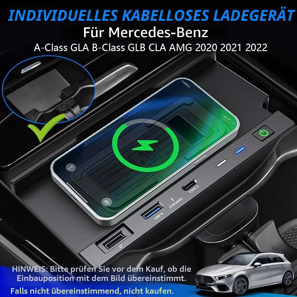Kabelloses Ladegerät Auto für Mercedes-Benz A-Class GLA-Class AMG B-Class GLB-Class CLA-Class 2020-2023 15W Schnellladendes Handy-Ladegerät für Mercedes-Benz W177 H247 C118 W247 X247 Zubehör