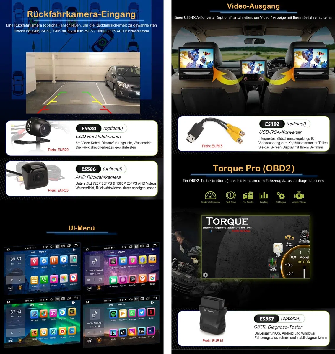 Erisin 7 Zoll 8-Kern 4GB RAM 64GB ROM Android 14 Autoradio 1 Din mit GPS Unterstützt ​Wireless CarPlay Android Auto WiFi Bluetooth 5.0 A2DP DSP OBD2 USB RDS 4G DVB-T2 SWC Split-Screen