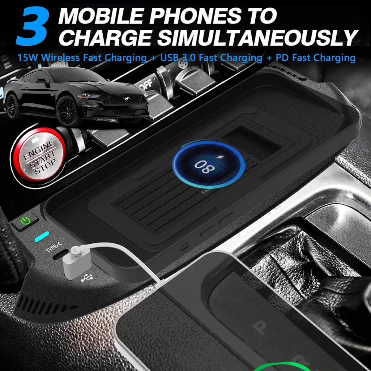 Kabelloses Ladegerät Auto für Ford Mustang 2022 2021 2020 2019 2018 2017 2016 2015, 15W Qi Schnellladendes Handy-Ladegerät mit QC3.0-USB-Anschluss für iPhone 12/13/13 Pro Samsung S22/S21