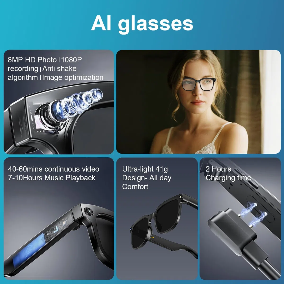 AI Smart Camera Brille - HD 1080P Video, Foto, Sprachübersetzung: Mit wechselbaren Sonnen-/Blaulichtschutzgläsern, Einsatzbereich Outdoor, Radtouren, Wandern, Reisen