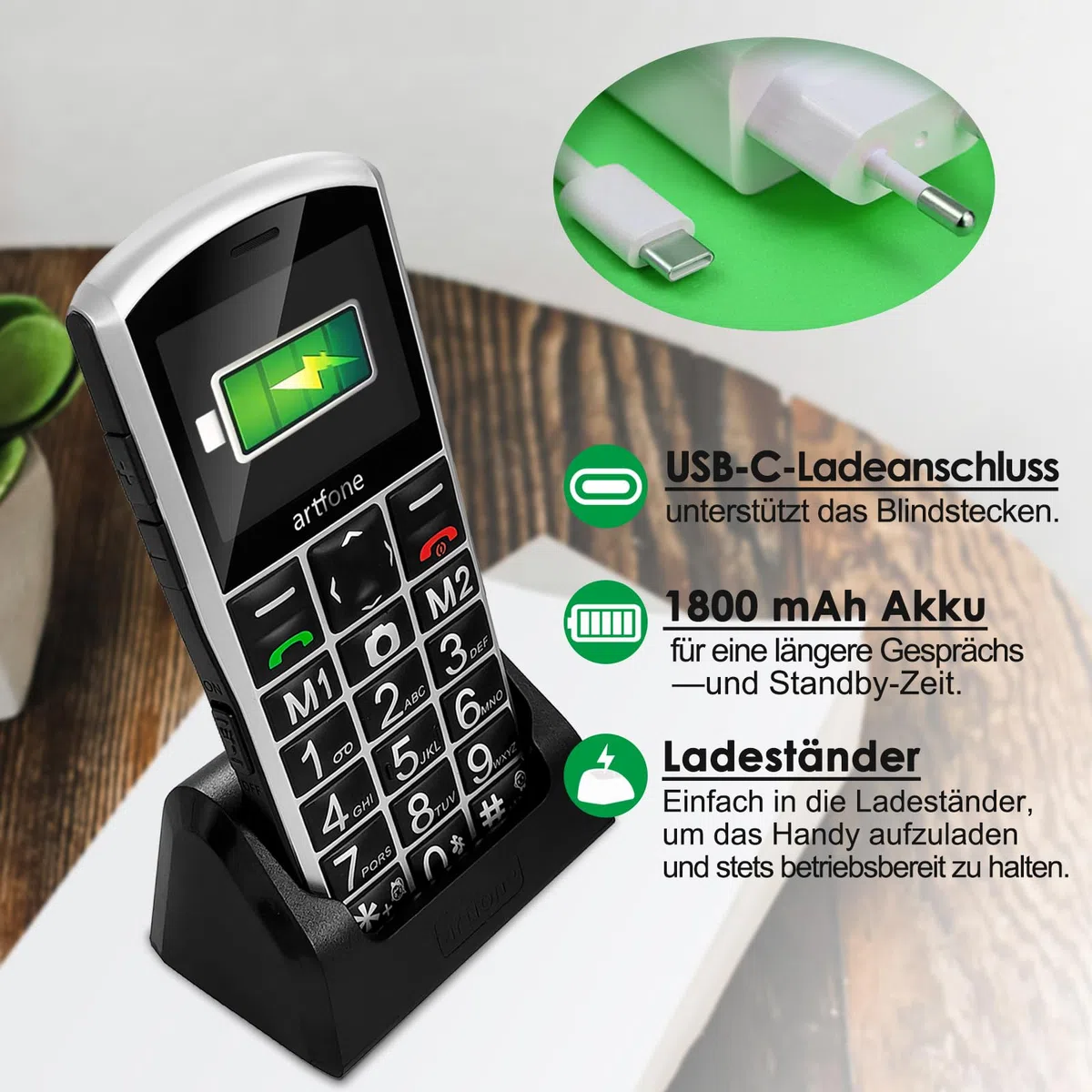 artfone A400 4G Volte Seniorenhandy ohne Vertrag | Großtasten Handy mit Notruftaste&1800mAh Akku,Dual-SIM Tastenhandy mit Tischladestation | Einfaches Mobiltelefon für Senioren, 2,4" Display | Silber