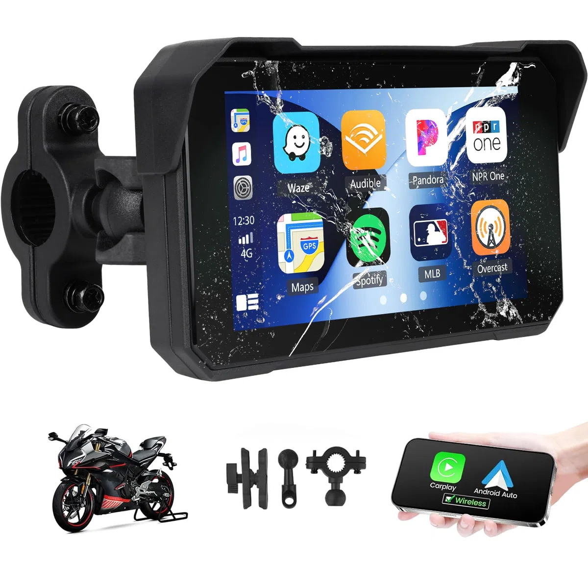 Motorrad Navigationssystem mit CarPlay Bildschirm, kabellosem CarPlay Android Auto, Tragbarem, Wasserdichtem 5 Zoll Touchscreen Motorrad Navigationssystem mit Bluetooth Siri