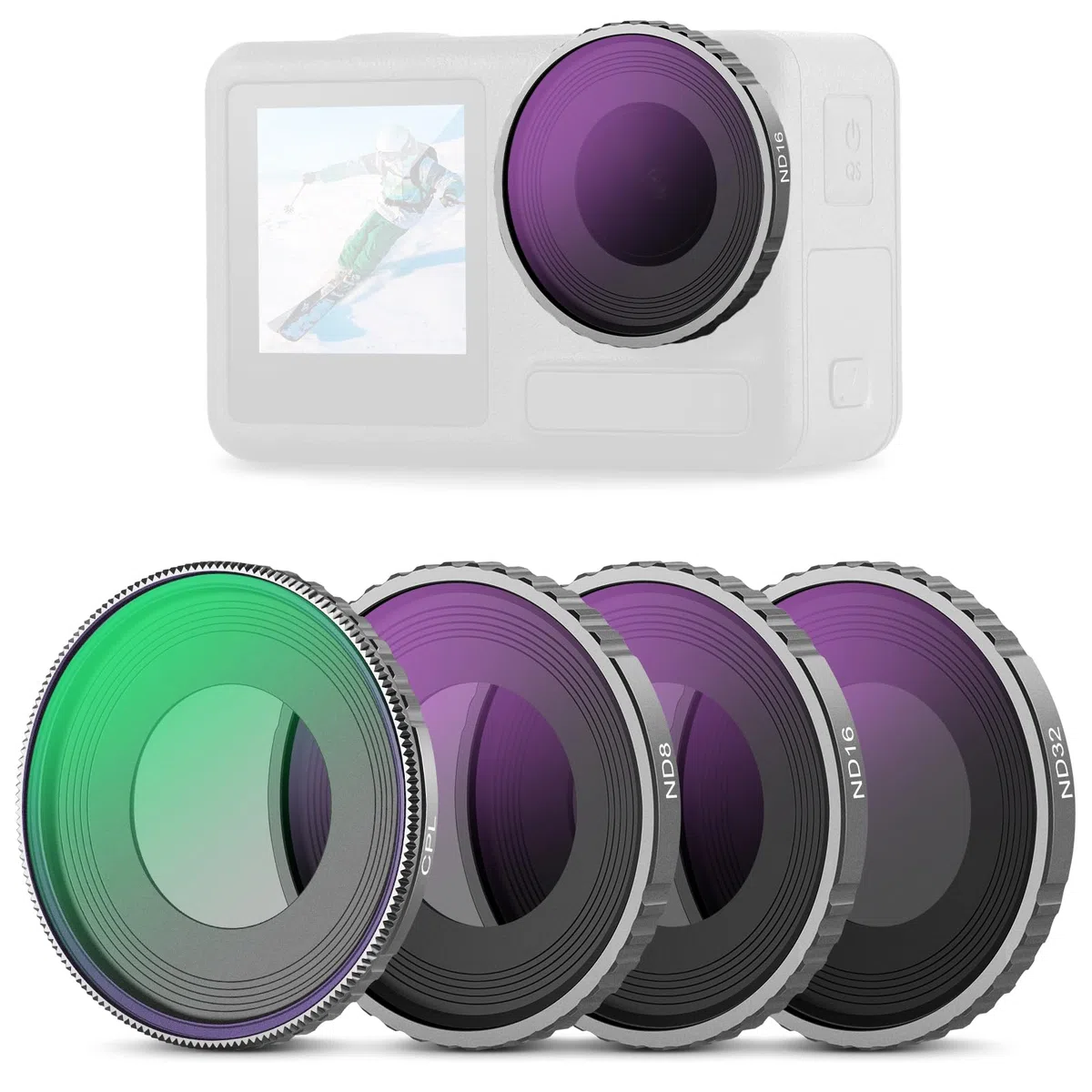 NEEWER CPL & ND Filter Set kompatibel mit DJI Osmo Action 4/Action 5 Pro (4er Pack), Anschrauben Polfilter CPL+ND8+ND16+ND32 Action Kamera Zubehör, mehrfach beschichtetes optisches, FL-A12
