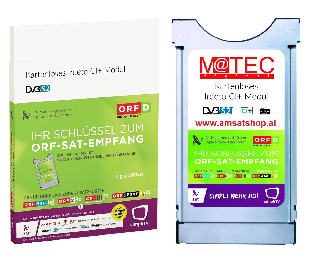 ORF DIGITAL DIREKT Irdeto CI+ Modul für Sat (Kartenlos, Keine Karte notwendig) mit 3 Monate SimpliTV, NUR FÜR ÖSTRREICH GEEIGNET, für CI+ Fernseher & Sat Receiver, bei Regiestrierung 5 Jahre gültig
