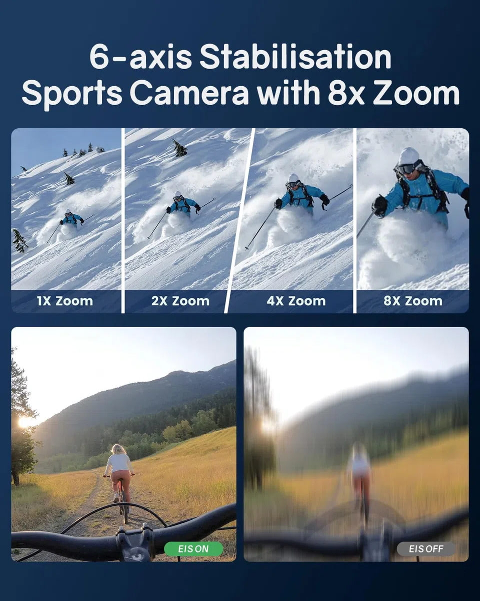 4K60FPS Action Kamera, 40M wasserdichte Action Cam Unterwasserkamera mit 64 GB SD-Karte, 6-Achsen-Stabilisierung, Motorradkamera mit 8-Fach-Zoom und 2,4-GHz-Fernbedienung, Helmzubehör