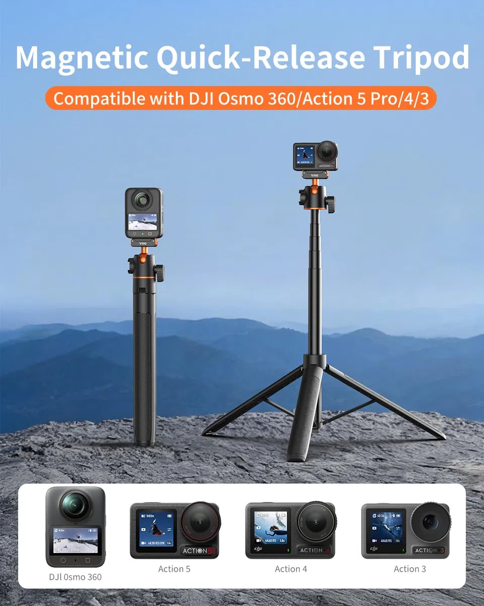 VRIG AC-40S Selfie Stick Stativ für DJI Osmo Action 5 Pro, Länge 33-140 cm, 1/4-Zoll-Schraube & Schnellverschluss-Adapterhalterung für DJI Osmo Action 4/3/Osmo 360