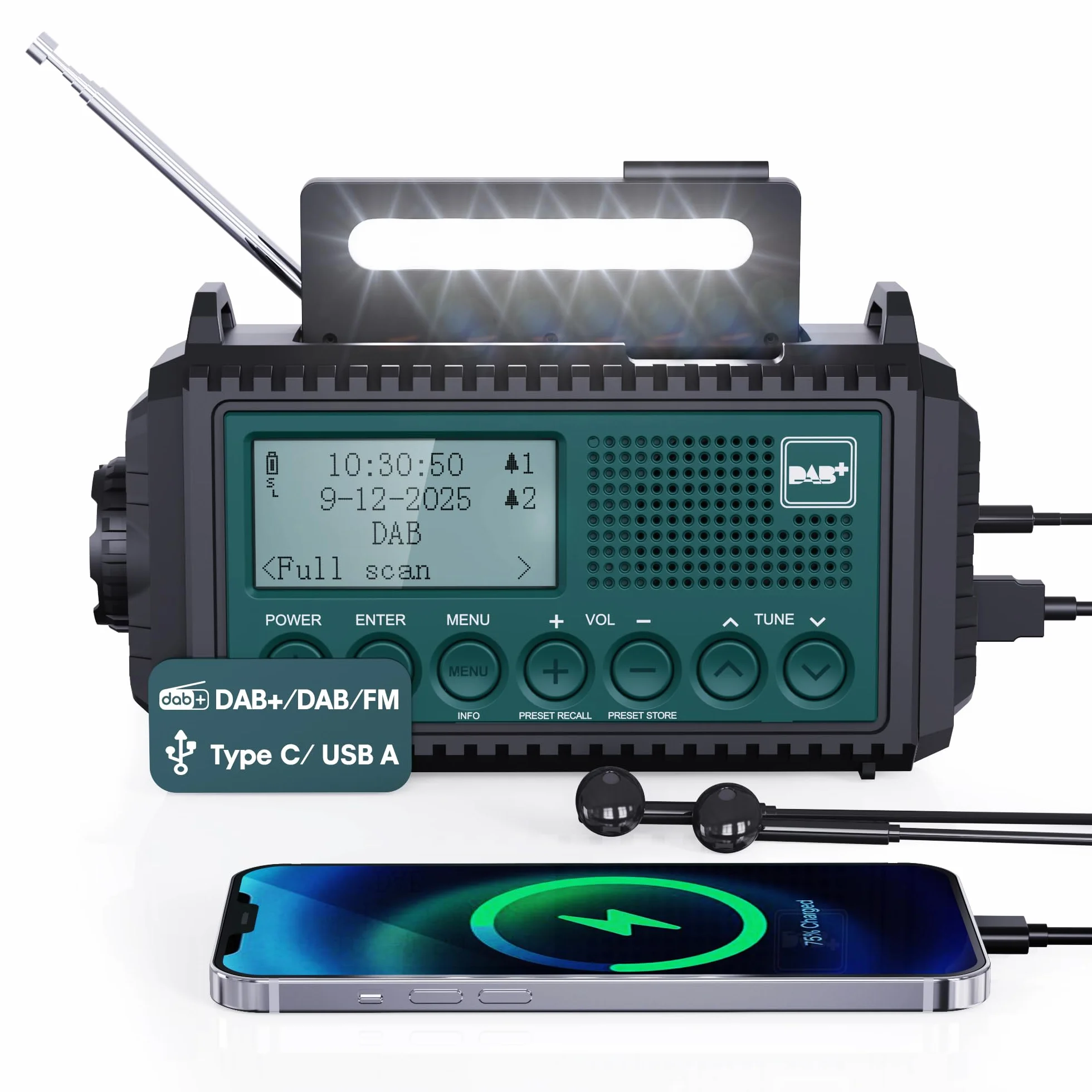 Kurbelradio DAB+/DAB/UKW mit 5000mAh Akku Wiederaufladbare, Notfallradio mit Taschenlampe & Leselicht, Tragbare Camping Radio mit USB Handyladefunktion FM Dynamo, SOS-Alarm für Wandern, Outdoor