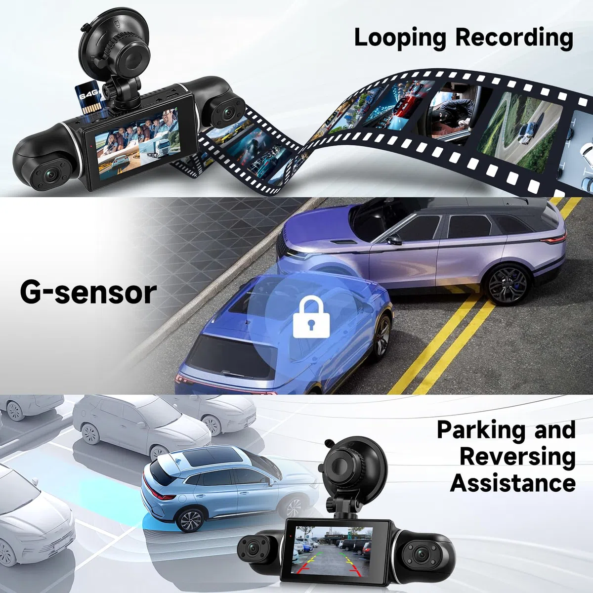 Hodozzy 2K WiFi 4-Kanal Dashcam Auto mit App Gesteuerte, Dash Cam mit Loop Aufzeichnung, 3 Zoll Dashcam mit Nachtsicht, G-Sensor, Spiegelbild, Parkmodus, Spiegelungsfunktion, Rückfahrhilfe+ TF Karte