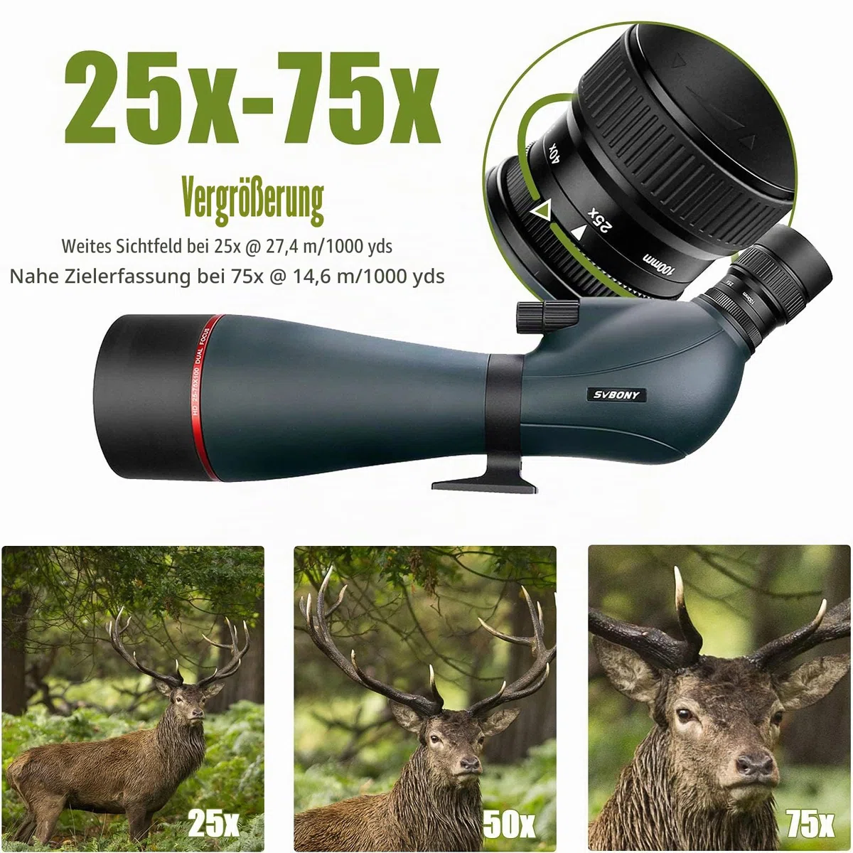 Svbony SV406 Spektiv 25-75x100, Doppelfokus FMC Porro Beschichtungsprisma, Wasserdichtes Abgewinkeltes HD-Spektiv für Astronomie Mond Vogelbeobachtung Tierwelt