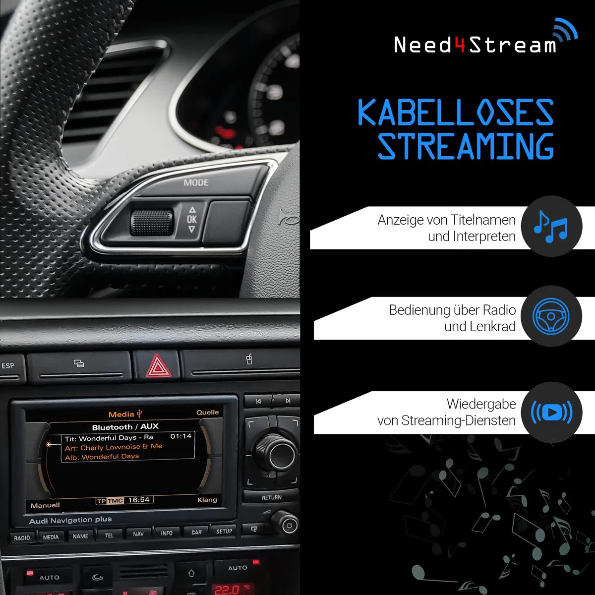 N4S74094 Bluetooth Adapter Auto mit Titelanzeige für RNS-E, Audio Adapter kompatibel mit Audi A3 (8P), Audi TT (8J), Audi R8 (420), Lamborghini Gallardo, Seat Exeo, iPhone und Android