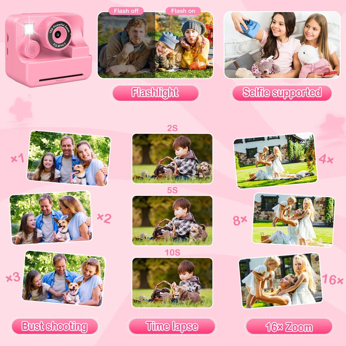 Sofortbildkamera Kinder mit Selfie 1080p, 32GB Karte & 3 Rollen Druckpapier, Geschenke für Jungen & Mädchen 3-12 Jahre