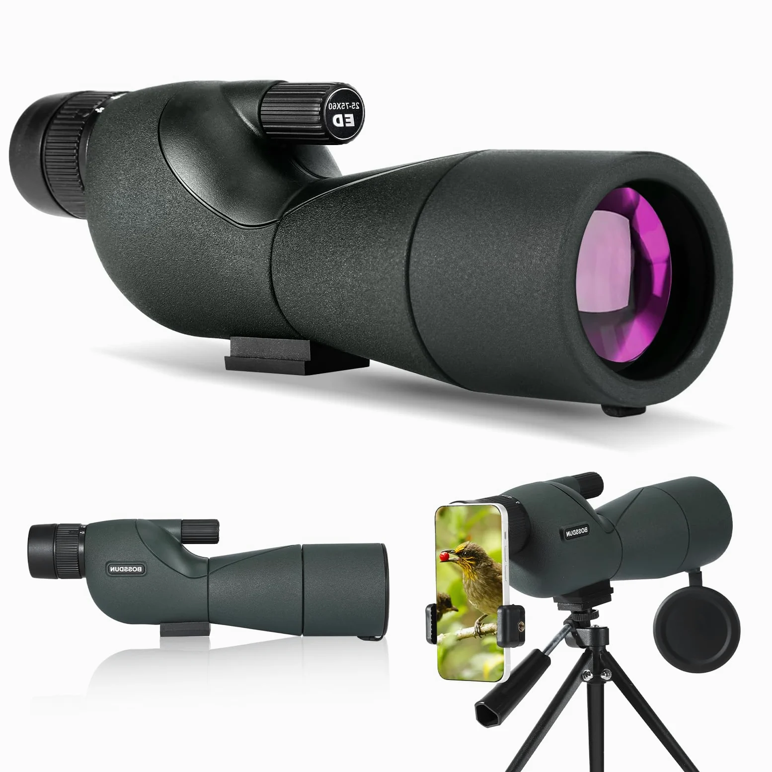 25-75X Spektive mit Stativ, Zoom Wasserdichtes BAK4 Prisma-Monokular-Teleskop für Vogelbeobachtung, Zielschießen, Wildtiere, Jagd und Landschaft, mit Telefonadapter und Hülle