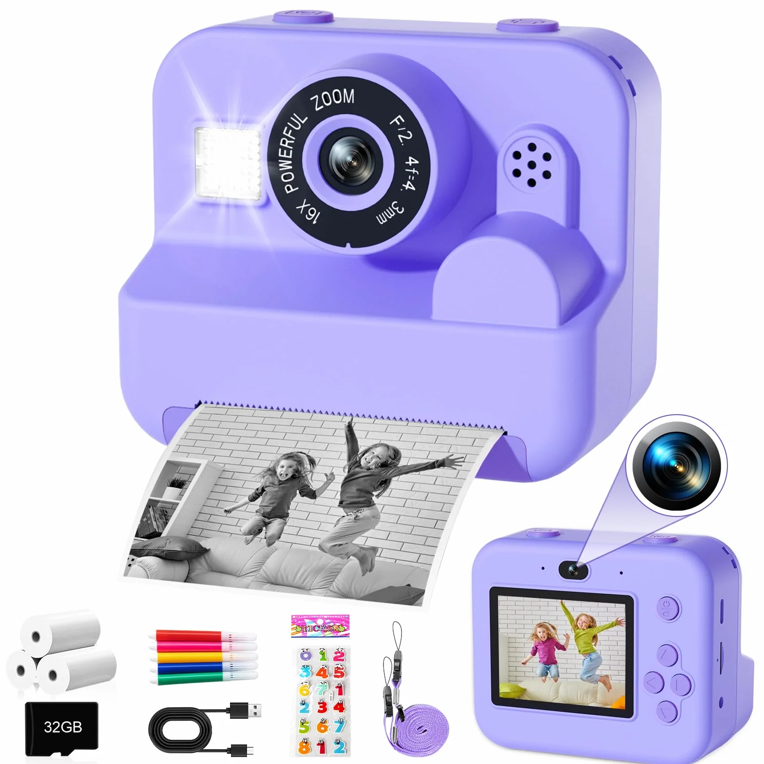 GKTZ Sofortbildkamera für Kinder 1080P mit 3 Rollen Fotopapier (Purple)
