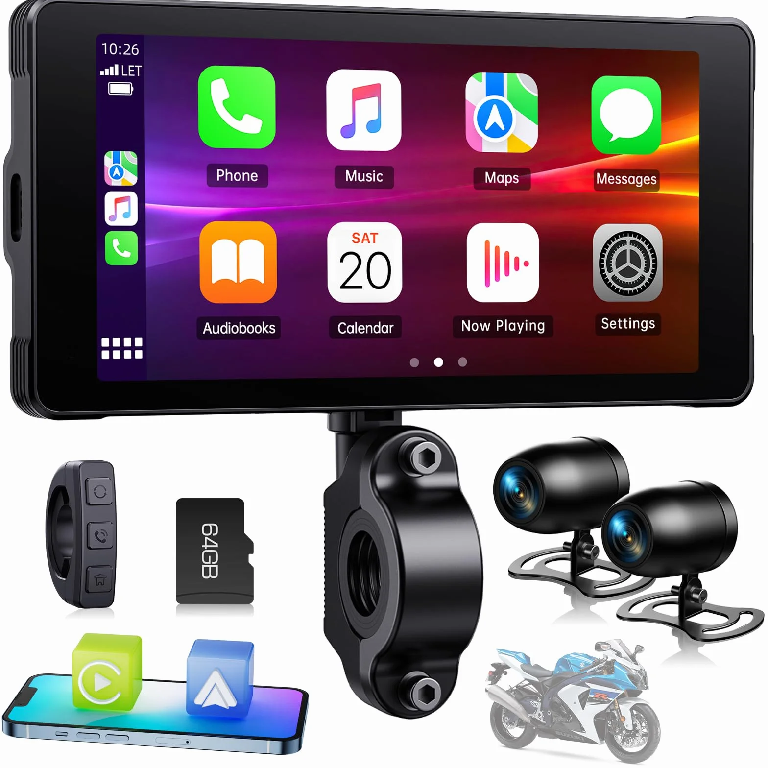 Volam Carplay Motorrad Android Auto, tragbares Display mit Dashcam, 2K+1080P, 5,5 Zoll Wasserdichter Touchscreen, Navigation, Siri/Google Assistant, APP, 64TF-Karte