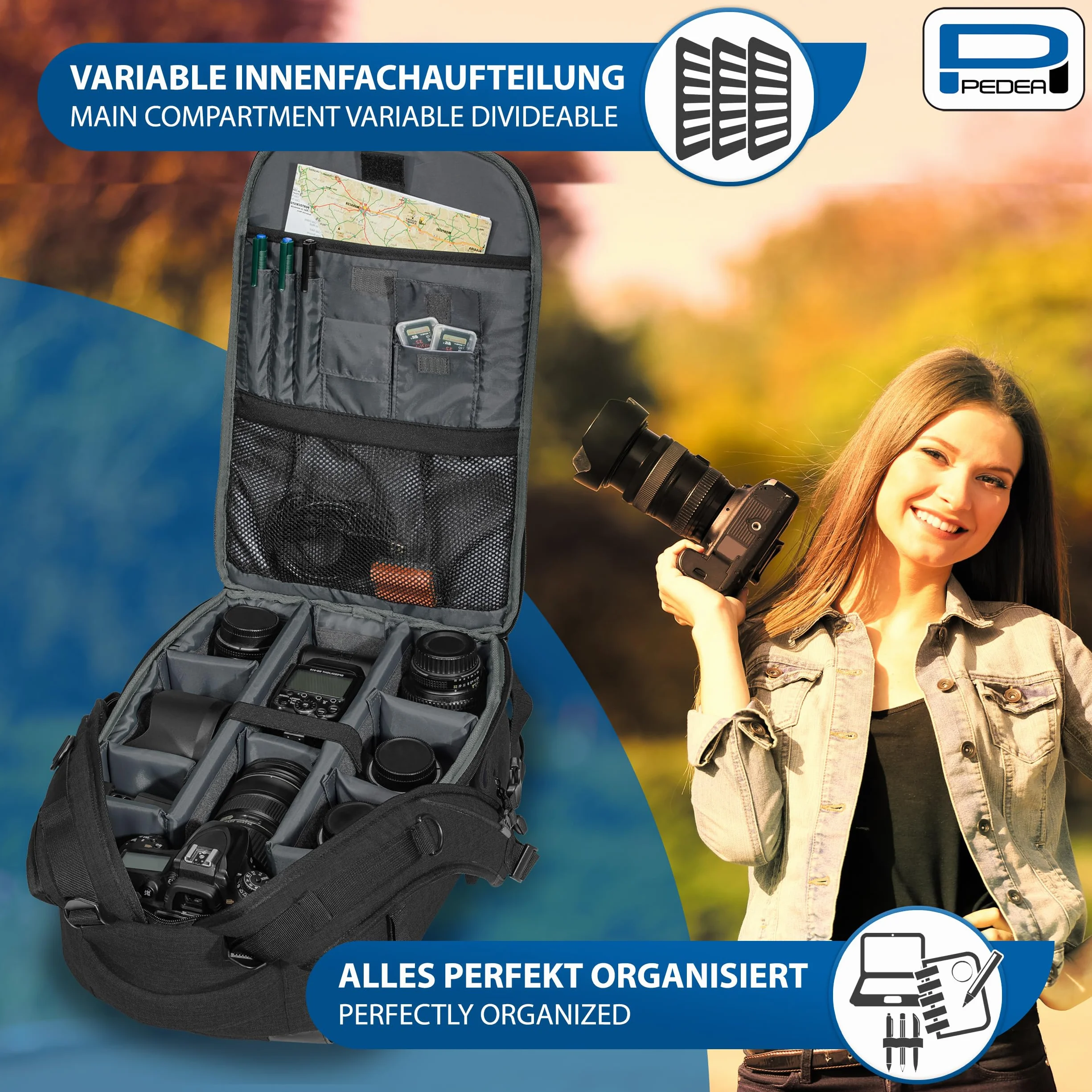 Pedea DSLR-Kamerarucksack Fashion Fotorucksack für Spiegelreflexkameras mit wasserdichtem Regenschutz und Variabler Inneneinteilung (Rucksack, schwarz)
