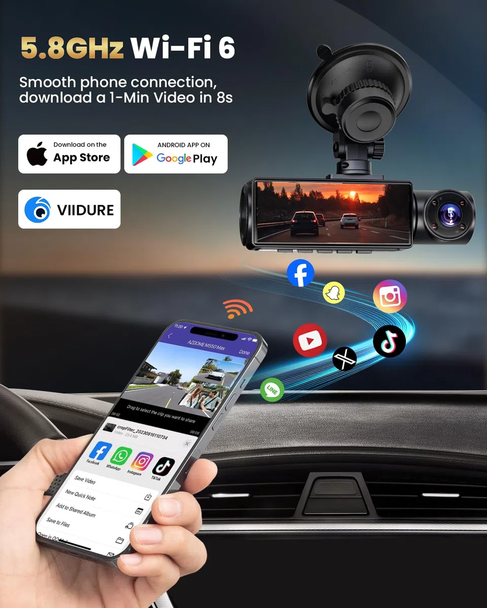 3-Kanal 4K dashcam Auto und Rückfahrkamera, kabellose 4K-Dashcam für Autos, 4K+1080P+1080P Auflösung, integriertes Wi-Fi & App, G-Sensor, Nachtsicht, inkl. 64GB SD-Karte