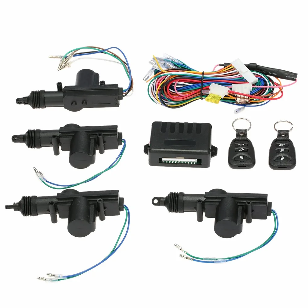 Geevorks Universal-Autotürschloss, 12 V, schlüsselloses Zugangssystem mit 2 Fernbedienungen, Auto-Power-Türschloss, Fernbedienung, Zentralverriegelung, Schwarz, 4 Stück