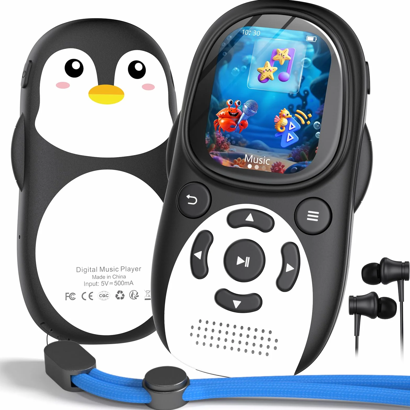 64GB MP3 Player Kinder, Bluetooth 5.3 Lautsprecher Pinguin Design Tragbarer Musikplayer mit 2" IPS Bildschirm, FM Radio, Sprachrecorder, Wecker, 128GB Erweiterbar
