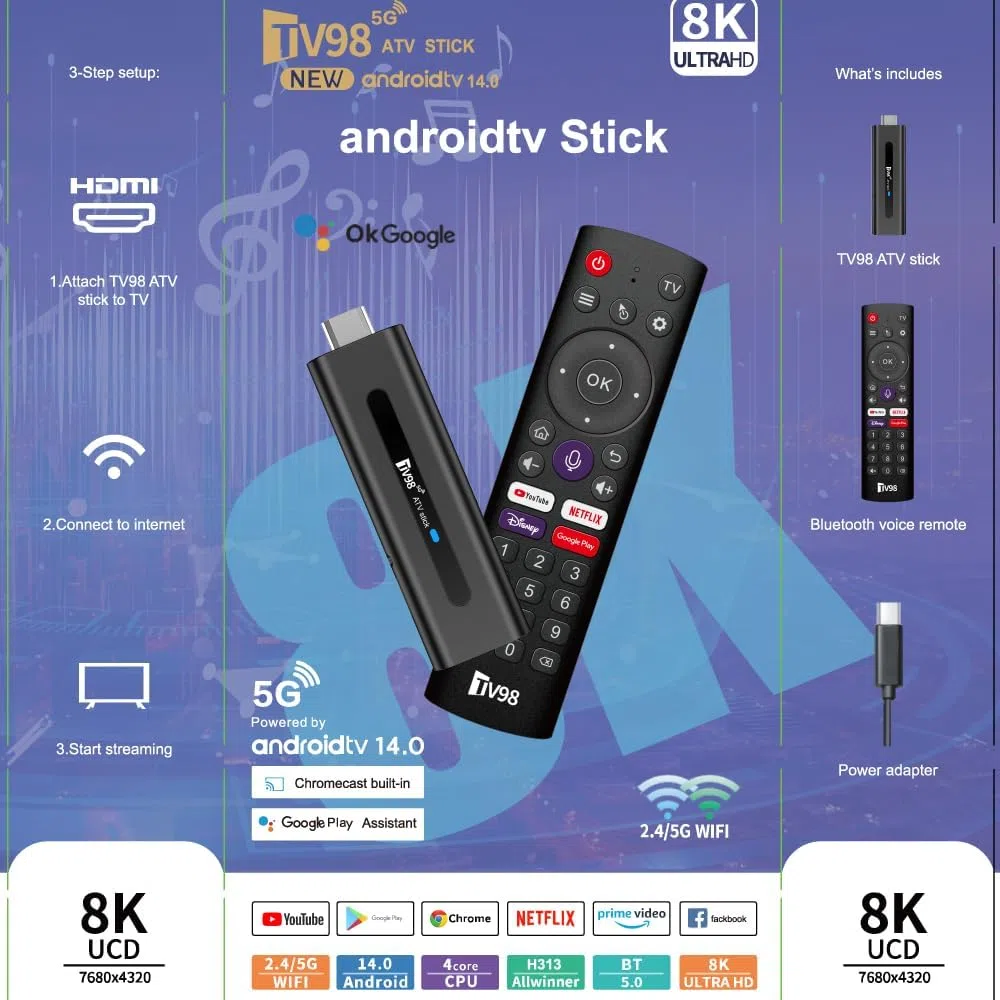 Android 14.0 TV Stick Box, 8K UHD Streaming Player 2025, Smart TV Box mit 2GB RAM 16GB ROM, Dual WiFi 2.4G/5.8G, Bluetooth 5.0, Sprachsteuerung, HDMI Plug & Play Media Player