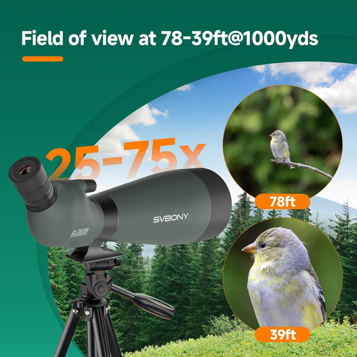 Svbony SV28 25-75x100mm Spektiv mit Stativ, Großes Sichtfeld, Helle und Klare Bilder, HD BAK4 Porro Prisma FMC, Spektive für Spektive für Sportschützen Vogelbeobachtung Wildtiere