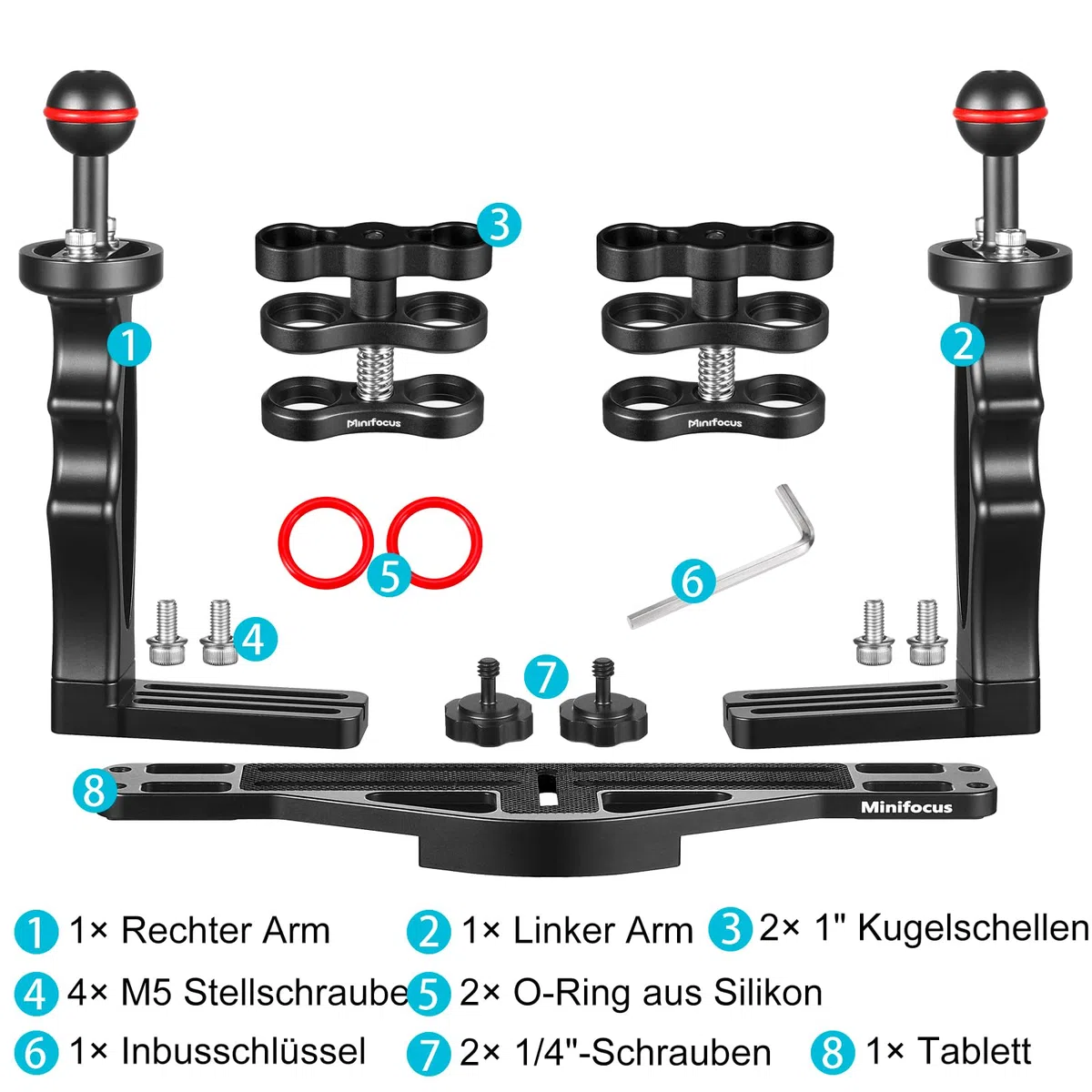 Unterwasser-Kamera Handle Tray Bracket, Dual Handle ausziehbare Aluminiumlegierung Video-Stabilisator-Halter mit 2 1-Zoll-Kugelklemme Mount für Unterwasser-Kamera tauchen Gehäuse