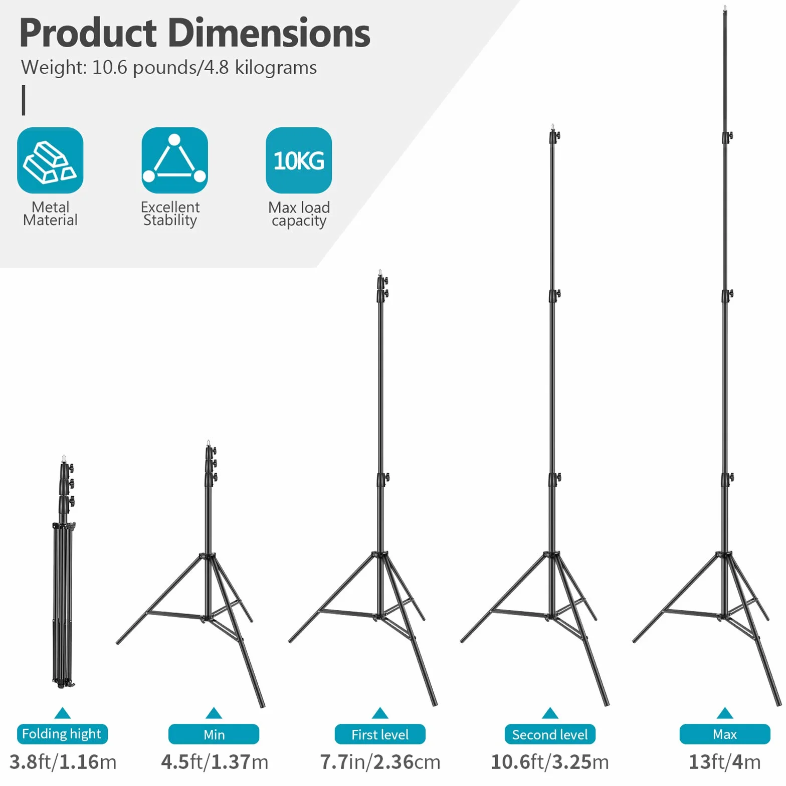 NEEWER Heavy Duty Light Stand 13ft/4m verstellbares Fotografie Stativ mit Federkissen 1/4" Schraube 22lb/10kg Schwarz