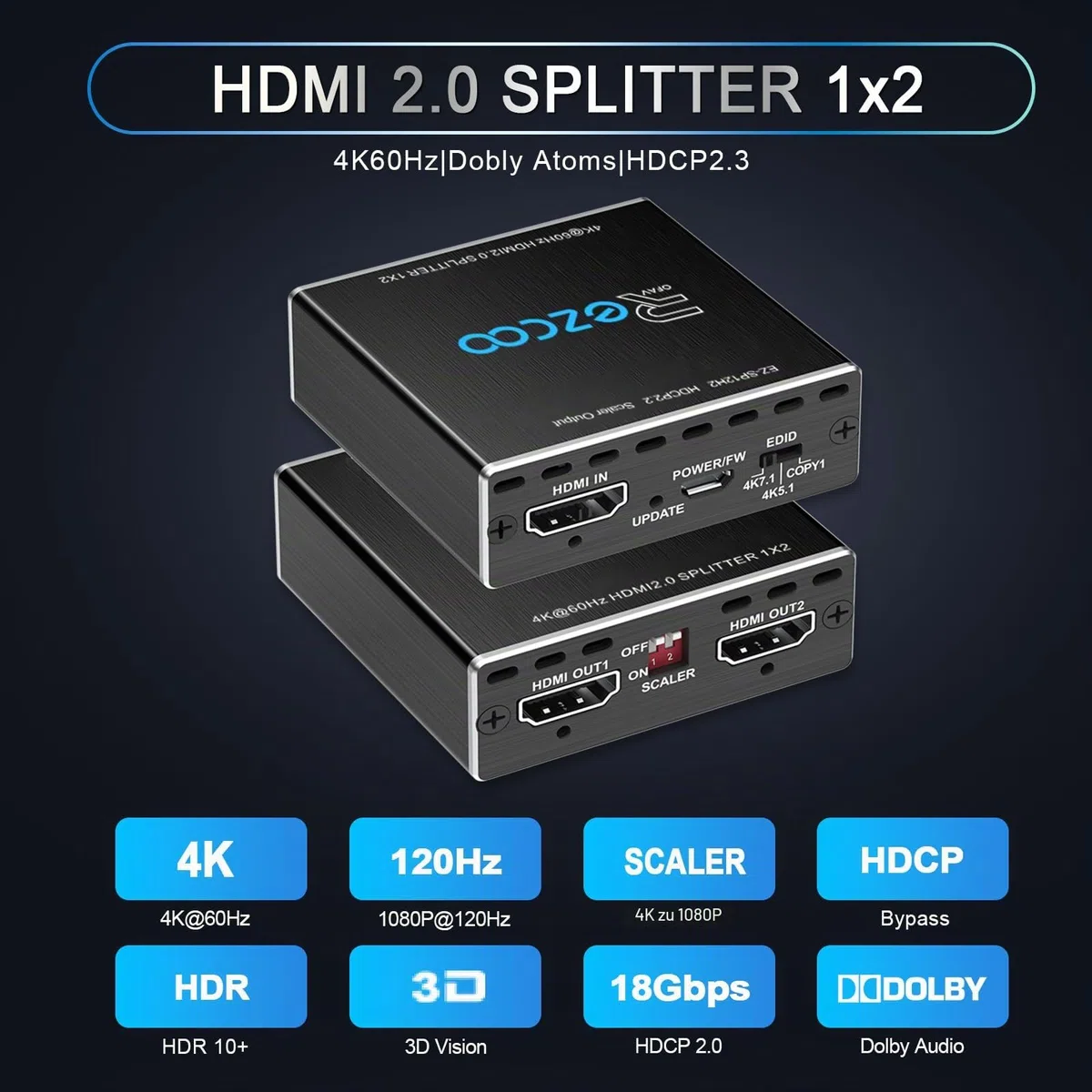 4K 60Hz HDMI Splitter 1x2 1080P 120Hz HDCP2.2 HDR 18Gbps UHD Dolby Vision Atmos EDID Scaler 4K 1080P Dual Monitors HDMI 2.0 Splitter 1 in2 Out for PS5, SkyQ, Xbox, Fire Stick