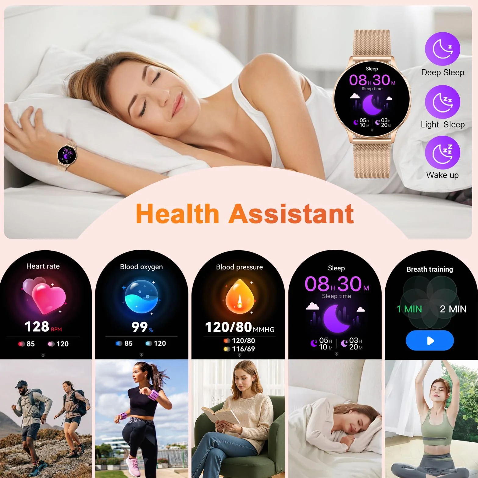 Smartwatch Damen Rund 1.32" AMOLED Schrittzähler Telefonfunktion Fitness Tracker Pulsuhr Schlafmonitor SpO2 IP68 Wasserdicht Sportuhr 120+Sportmodi Android iOS Rose gold
