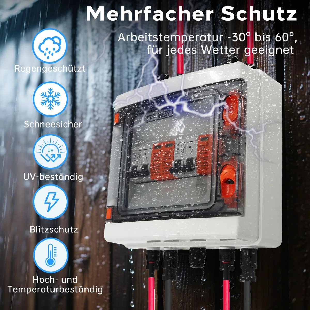 Überspannungsschutz PV, DC 40A/1000V Trennschalter, Blitzschutz Leitungsschutzschalter(2 in 2 Out), Solar PV Anschlusskasten IP65 Wasserdicht