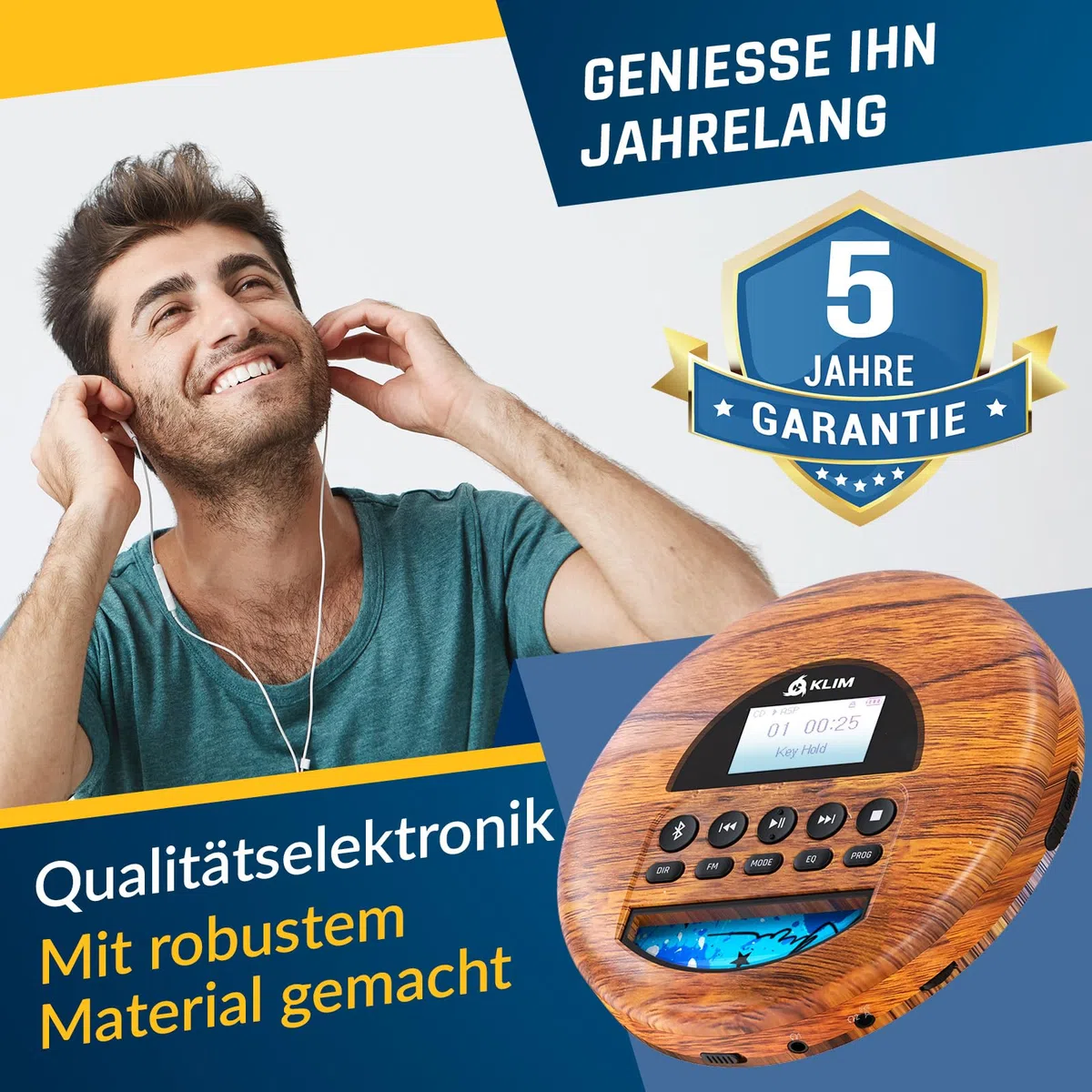 KLIM Nomad Wood – Neuheit – tragbarer CD-Player – integrierter Akku mit langer Lebensdauer – Kopfhörer KLIM Fusion, MP3, TF-Player, tragbares Mini-Radio, Bluetooth – für das Auto