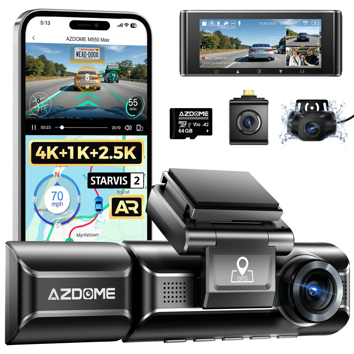 AZDOME 4K Dashcam Auto Vorne Hinten Innen, 3 Kanal 4K+1080P+2.5K Autokamera mit 64GB SD Karte, WiFi GPS, Dual STARVIS, IR Nachtsicht, WDR, 24H Parküberwachung, G-Sensor, M550 MAX