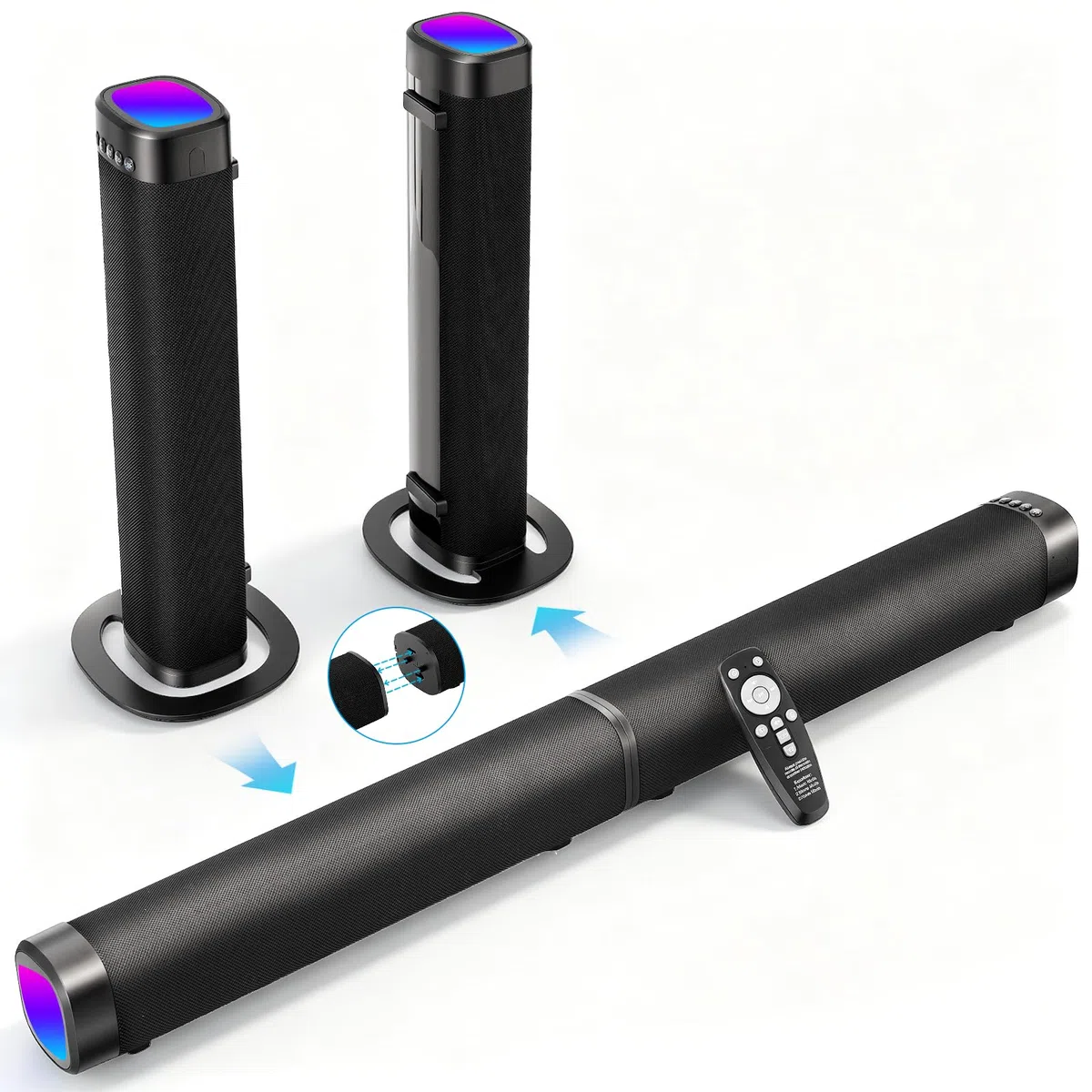 Teilbare 2-in-1 Soundbar (2.2 Kanäle, 240 W) mit RGB-Licht & Bluetooth 5.3, 3 EQ-Modi & regelbarem Bass, TV-Lautsprecher für Fernseher/Gaming/PC/Beamer – inkl. ARC, Optisch, Aux, USB