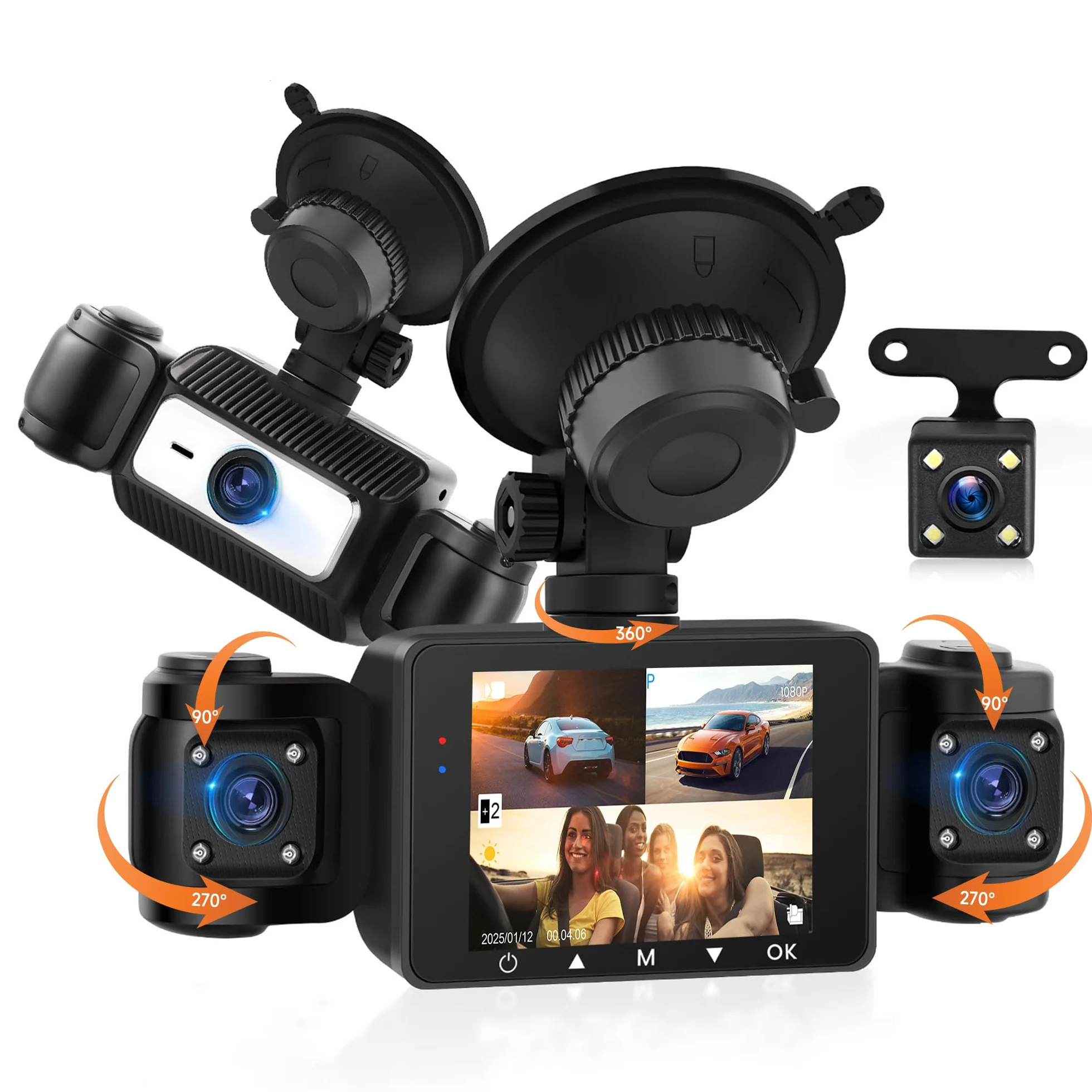 4 Kanal Dashcam Auto 360°, mit 4 x Kamera FHD 1080P Vorne und Hinten Links Rechts, 2.4 Zoll 1080P Dash Kamera Autokamera mit IR Nachtsicht/Loop Video/24H Parküberwachung/G-Sensor/Einparkhilfe