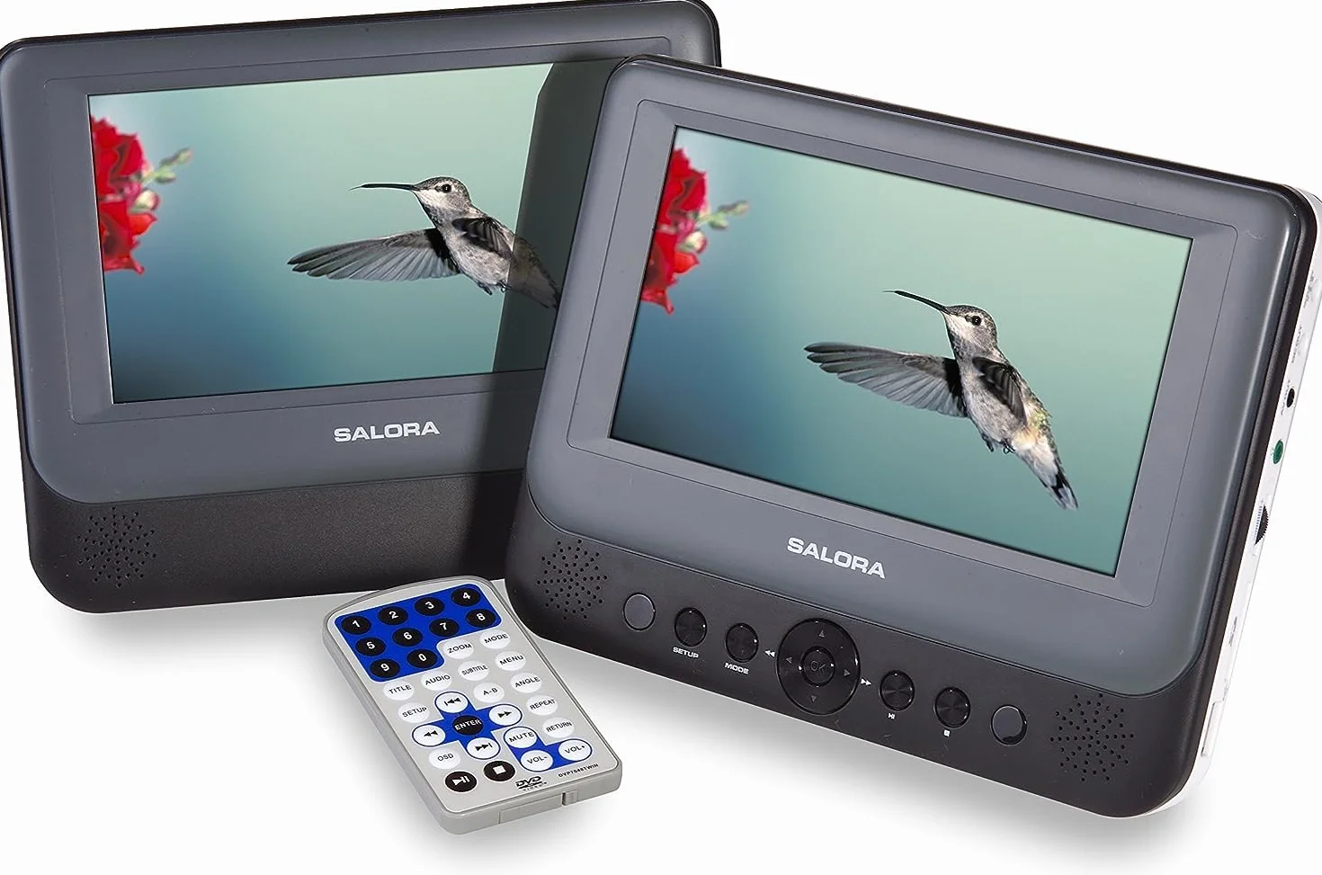 Salora DVP7048TWIN Tragbarer DVD-Player – Auto-CD-Player mit 2 Bildschirmen, 7 Zoll HD für Auto und Kinder – 2 Stunden Akku, USB/SD-Kartenleser, Multi-Format-Wiedergabe, Unterstützt AVI, MP4, MP3
