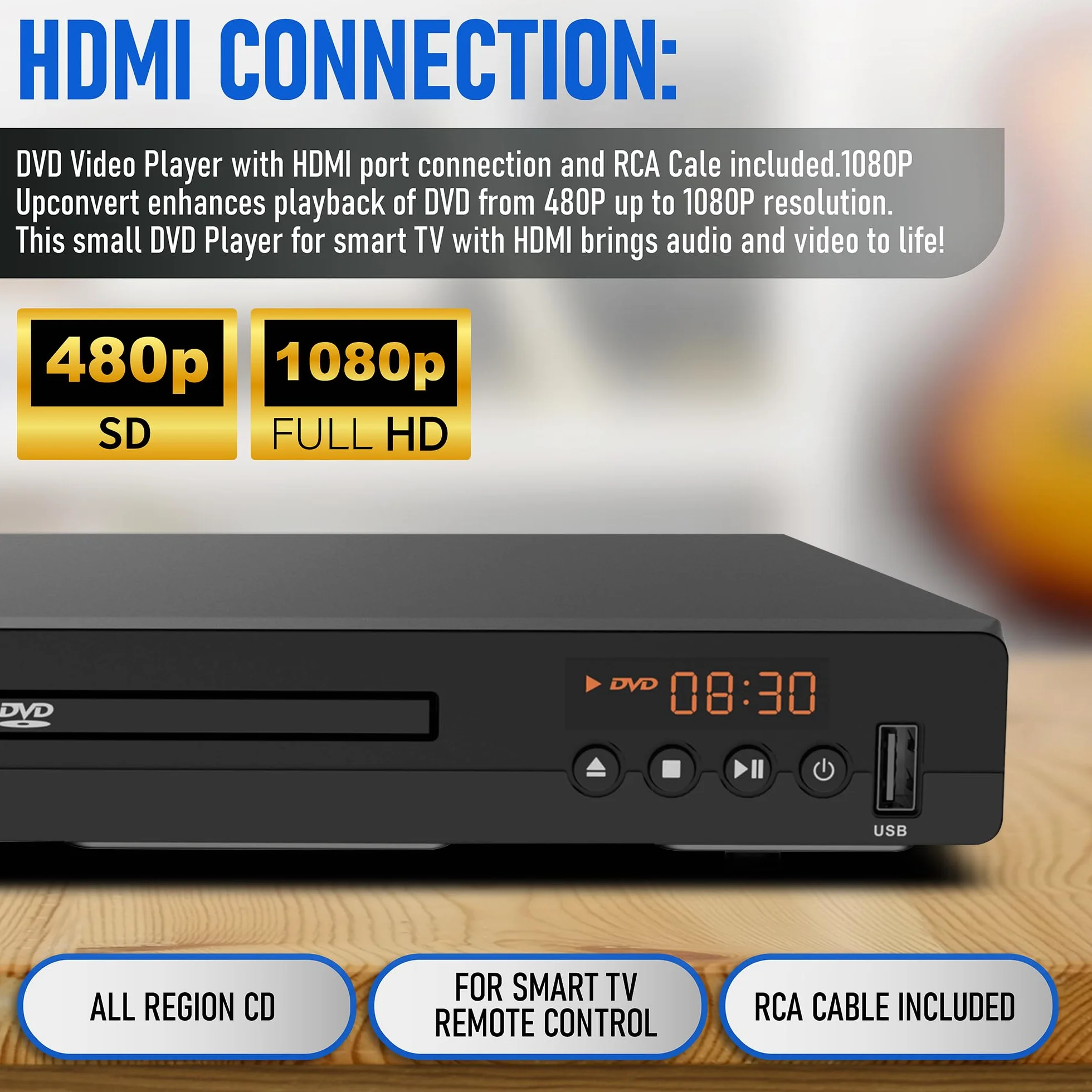 Philips DVD-Player für Fernseher mit HDMI-Anschluss 1080P All Region HD DVD Player für Smart TV USB-Eingang Fernbedienungsgerät Mini DVD CD Player für Heim-Stereoanlage HDMI- und Cinch-Kabel im