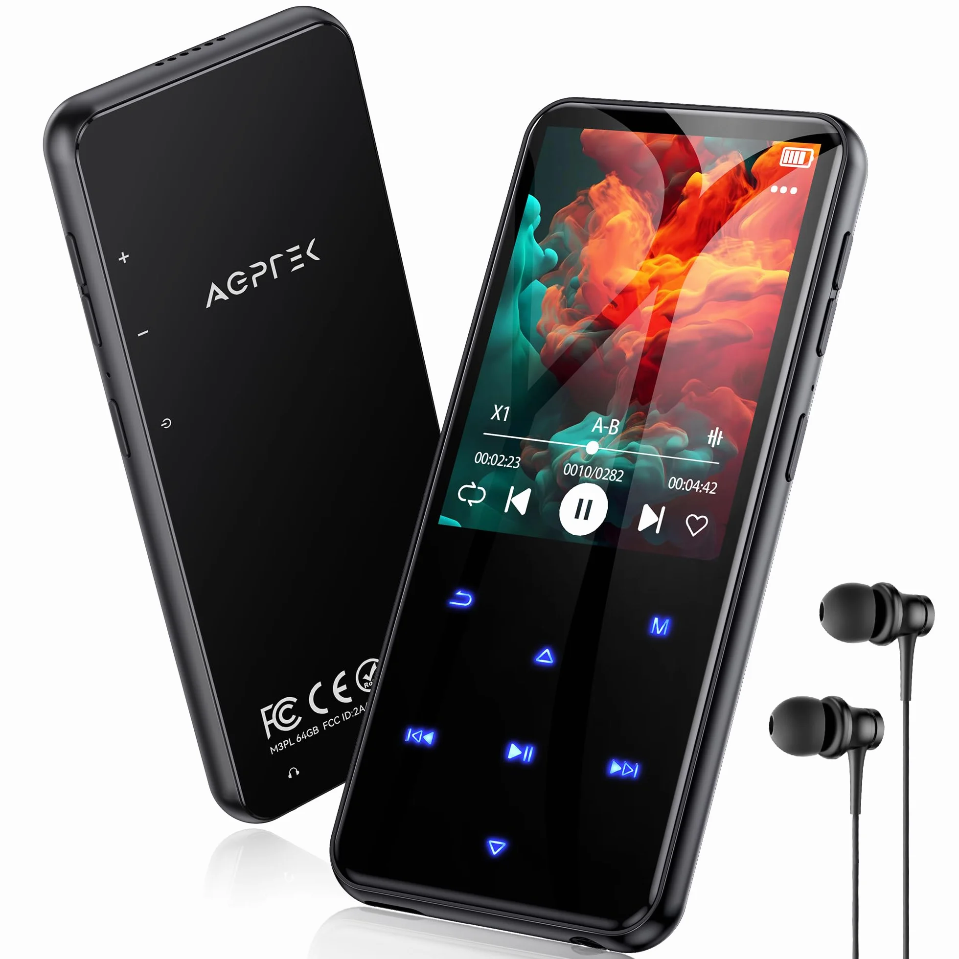 AGPTEK 64GB MP3 Player Bluetooth 5.3 mit 2,4" TFT Farbbildschirm, HiFi Musik Kinder MP3 Player mit Lautsprecher, Touch-Tasten, FM-Radio, E-Book, Aufnahme, Unterstützung bis zu 128 GB, Schwarz