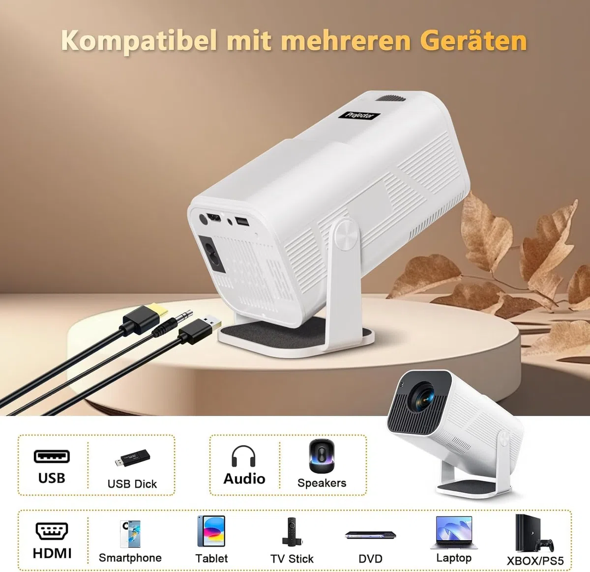 Beamer Mini Projektor mit Android 13 WiFi 6 Bluetooth 5.2 Mini Beamer 4K 1080P Unterstützung Automatische Trapezkorrektur Smart Außenprojektor Kompatibel Phone/HDMI/USB (amx500 weiß)